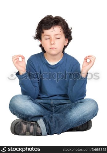 Relaxed child practicing yoga on a white background