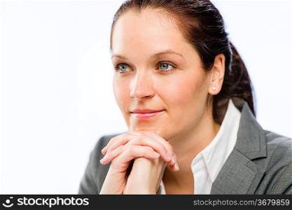 Relaxed female business employee over white background