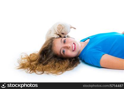 relaxed kid girl and puppy chihuahua dog lying happy on white background