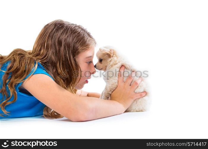 relaxed kid girl and puppy chihuahua dog lying happy profile view on white background