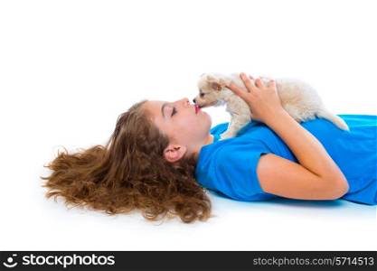relaxed kid girl kissing puppy chihuahua dog lying happy on white background