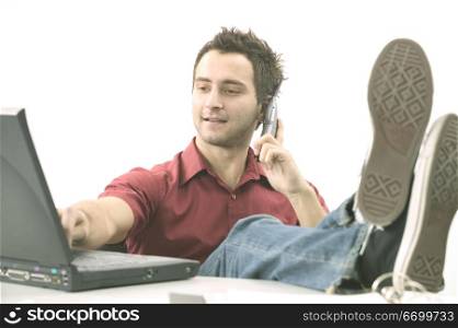 Relaxed Man in Red Shirt with Laptop