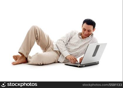 relaxed man with laptop computer over white