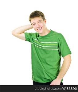 Relaxed smiling young man with hand behind his head isolated on white