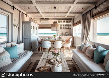 relaxing atmosphere with soft lighting and shabby chic decor in beachfront villa interior, created with generative ai. relaxing atmosphere with soft lighting and shabby chic decor in beachfront villa interior