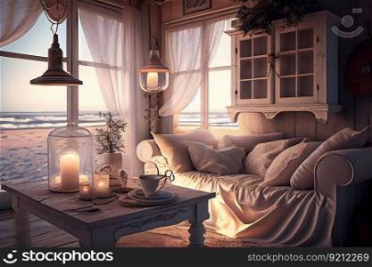 relaxing atmosphere with soft lighting and shabby chic decor in beachfront villa interior, created with generative ai. relaxing atmosphere with soft lighting and shabby chic decor in beachfront villa interior