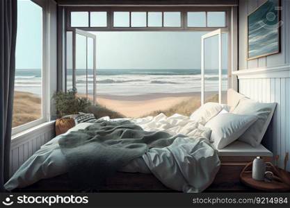 relaxing bedroom with cozy bed and window view of the beach, created with generative ai. relaxing bedroom with cozy bed and window view of the beach