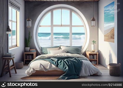 relaxing bedroom with cozy bed and window view of the beach, created with generative ai. relaxing bedroom with cozy bed and window view of the beach