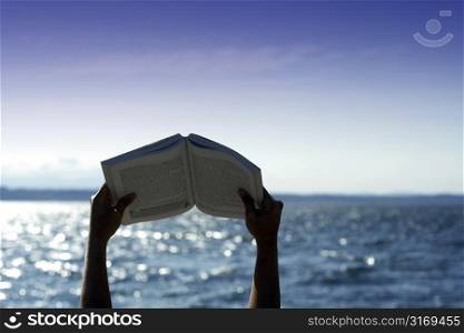 Relaxing by reading on the beach (silhouette)