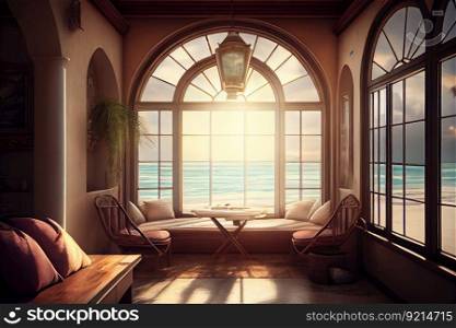 relaxing day in beachfront villa, with view of the ocean and warm rays shining through the windows, created with generative ai. relaxing day in beachfront villa, with view of the ocean and warm rays shining through the windows