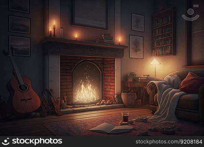 relaxing evening in living room, with fire burning in the fireplace and soft music playing, created with generative ai. relaxing evening in living room, with fire burning in the fireplace and soft music playing