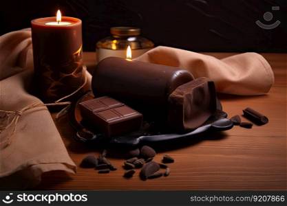 relaxing hot stone massage chocolate wrap with scented candles and soothing music, created with generative ai. relaxing hot stone massage chocolate wrap with scented candles and soothing music
