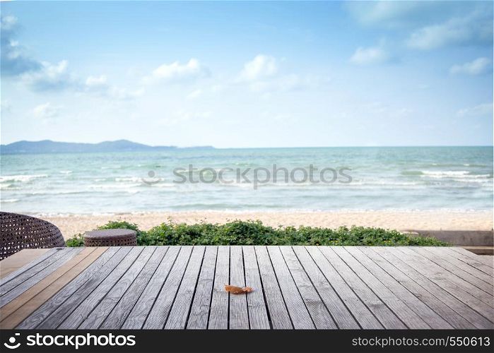 relaxing landscape on resort outdoor on beach from wood floor