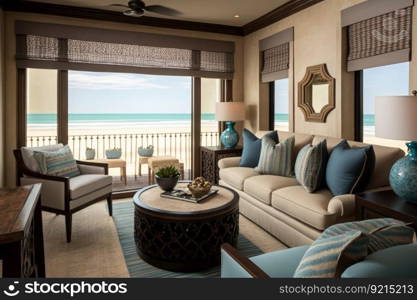 relaxing lounge area with plush furnishings, comfortable seating, and stunning view of the beachfront, created with generative ai. relaxing lounge area with plush furnishings, comfortable seating, and stunning view of the beachfront