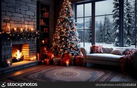 relaxing room with pine tree Christmas decorations in the corner of the room, creative background design