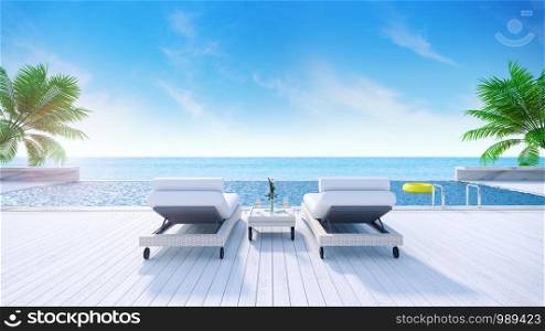Relaxing summer,daybeds on Sunbathing deck and private swimming pool with near beach and panoramic sea view at luxury house /3d rendering
