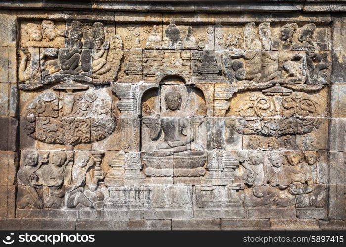 Relief panel in Borobudur Temple in Magelang, Central Java in Indonesia