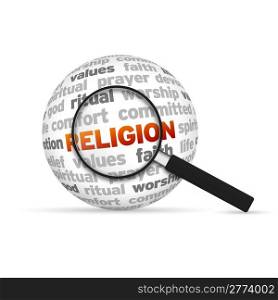 Religion 3d Word Sphere with magnifying glass on white background.