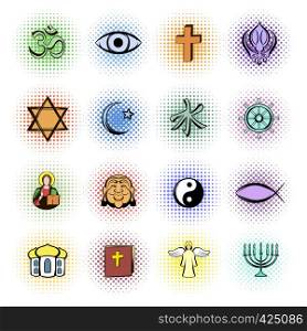 Religion comics icons set isolated on white background. Religion comics icons set