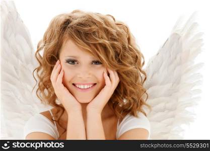 religion, faith, holidays and costumes concept - happy teenage angel girl