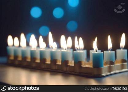 Religion image of jewish holiday of light Hanukkah on black background with burning candles. AI generated.. Religion image of jewish holiday Hanukkah with burning candles. AI generated