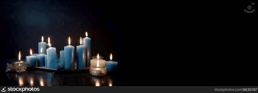 Religion image of jewish holiday of light Hanukkah on black background with burning candles. Banner, header with copy space for text. AI generated.. Religion image of jewish holiday Hanukkah with burning candles. AI generated