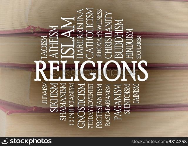 Religions word cloud with a books background