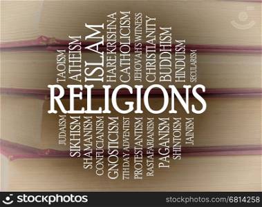 Religions word cloud with a books background