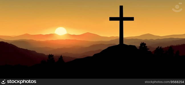 religious christian cross crucifixion on top of mountain at sunset