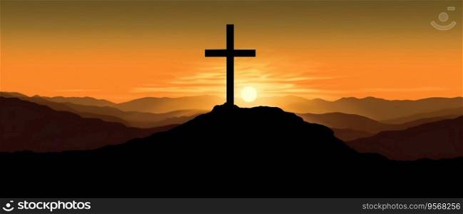 religious christian cross crucifixion on top of mountain at sunset