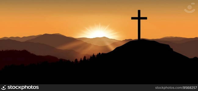 religious christian cross crucifixion on top of mountain at sunset