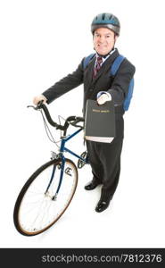 Religious missionary with his bicycle and bible. Full body isolated on white.