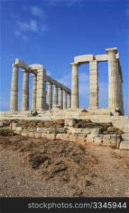 Remains of Temple of Poseidon, god of the sea in ancient Greek mythology, at Cape Sounion, near Athens (Greece).