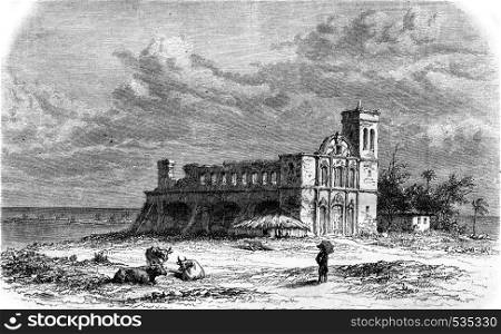 Remains of the Jesuit Church in St. Paul de Loanda, vintage engraved illustration. Magasin Pittoresque 1857.