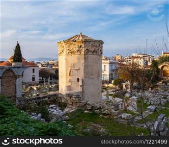 Remains of the Roman Agora and Tower of the Winds in Athens, Greece on a spring afternoon