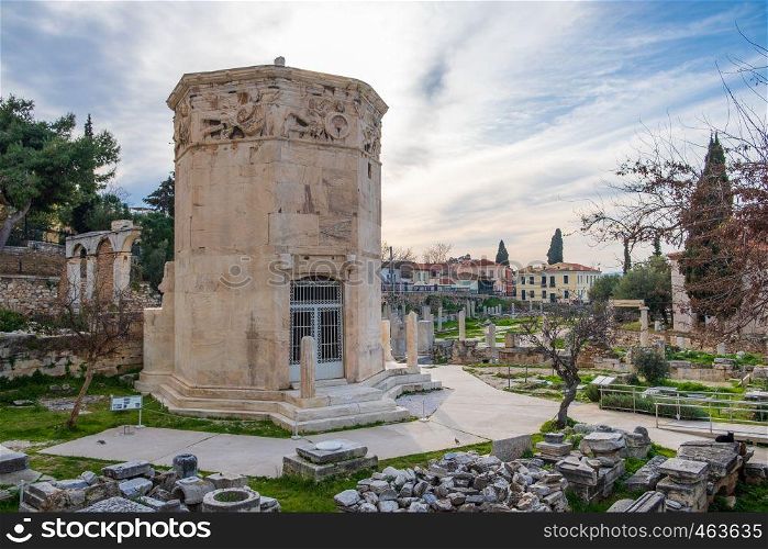 Remains of the Roman Agora and Tower of the Winds in Athens, Greece on a spring afternoon