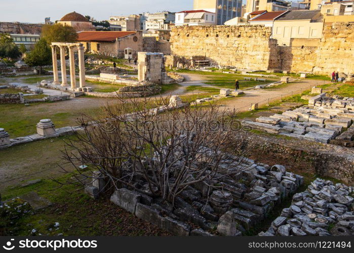 Remains of the Roman Agora in Athens, Greece on a spring afternoon