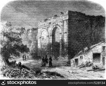 Remains of the triumphal arch, in Langres, Haute-Marne, vintage engraved illustration. Magasin Pittoresque 1847.
