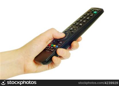 remote control in hand isolated on white background