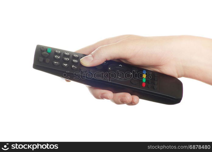 remote control in hand isolated on white background