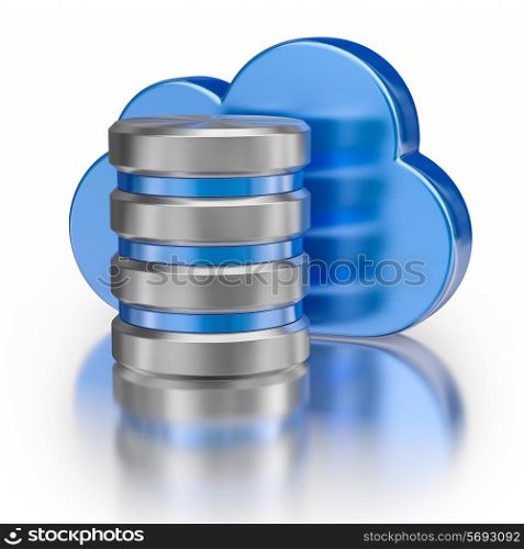 Remote database cloud computing technology storage concept - metal icon database icon and blue glossy cloud with reflection on white
