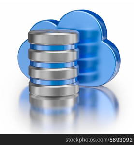 Remote database cloud computing technology storage concept - metal icon database icon and blue glossy cloud with reflection on white