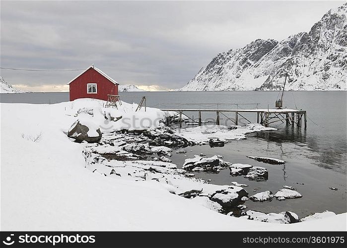 Remote house in coastal landscapeSkjelfjord Flakstadoya Loftofen Norway