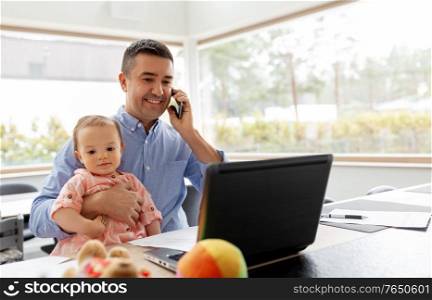 remote job, multi-tasking and family concept - happy smiling middle-aged father with baby and laptop calling on smartphone at home office. father with baby calling on phone at home office