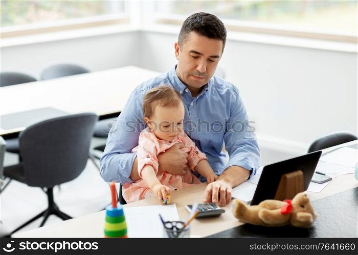 remote job, multi-tasking and family concept - middle-aged father with baby, calculator and tablet computer working at home office. father with baby working at home