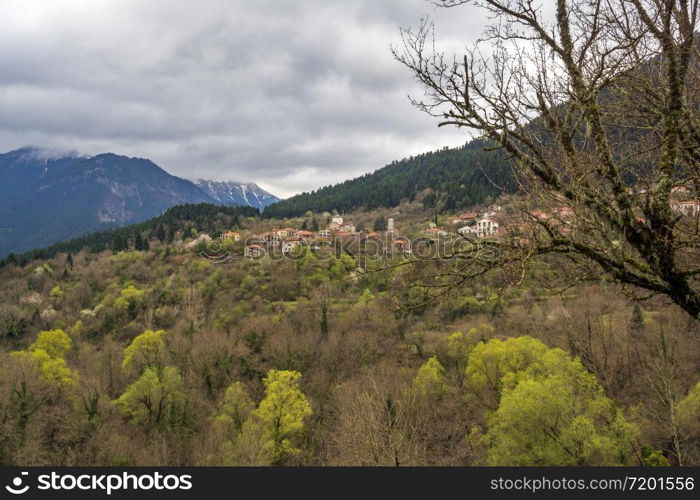 Remote view of a traditional village in Evrytania, Greece.. View of a traditional village in Evrytania, Greece