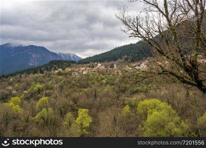 Remote view of a traditional village in Evrytania, Greece.. View of a traditional village in Evrytania, Greece