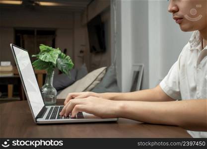 Remote work concept, Male freelancer use laptop to typing business data and working in living room.