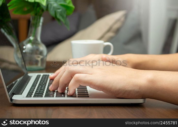 Remote work concept, Male freelancer use laptop to typing business data and working in living room.