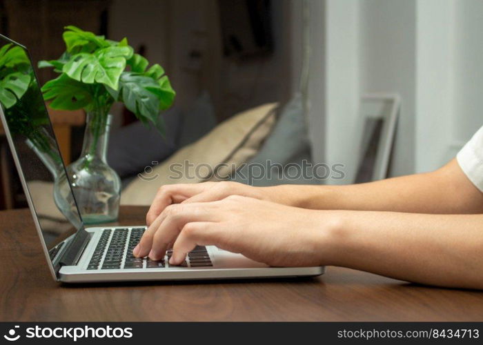 Remote work concept, Male freelancer use laptop to typing business data and working in living room.